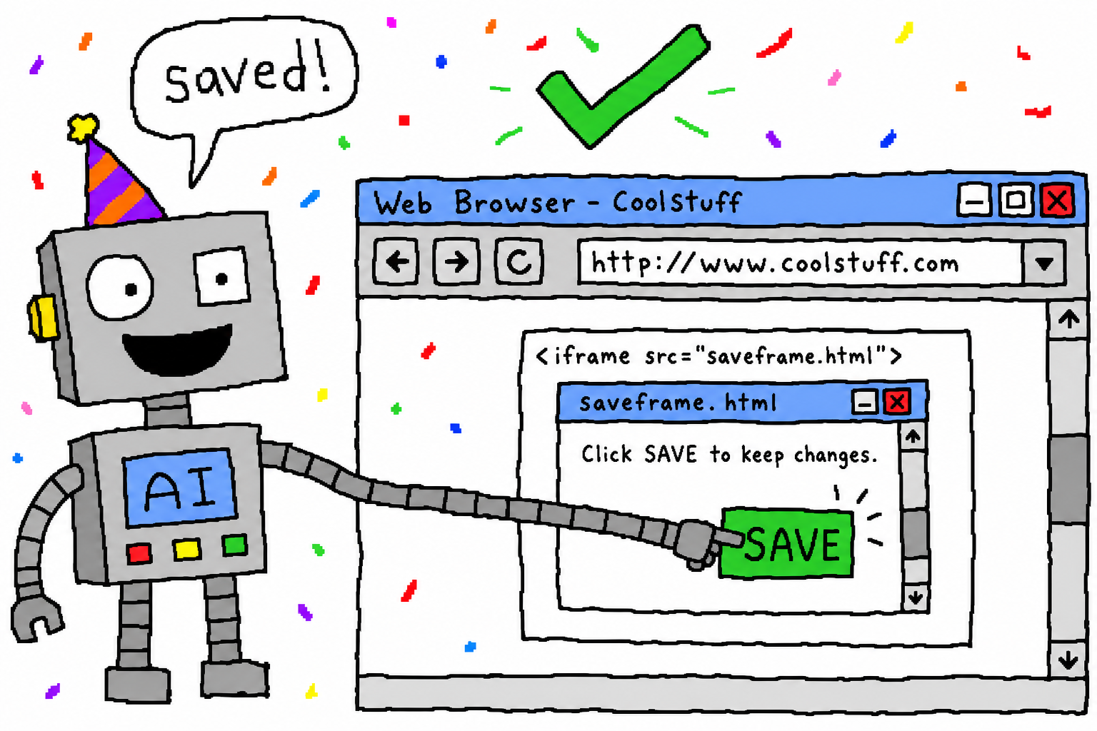 戴着派对帽的 agent 把手伸进 iframe,成功按下 SAVE,绿色对勾 saved