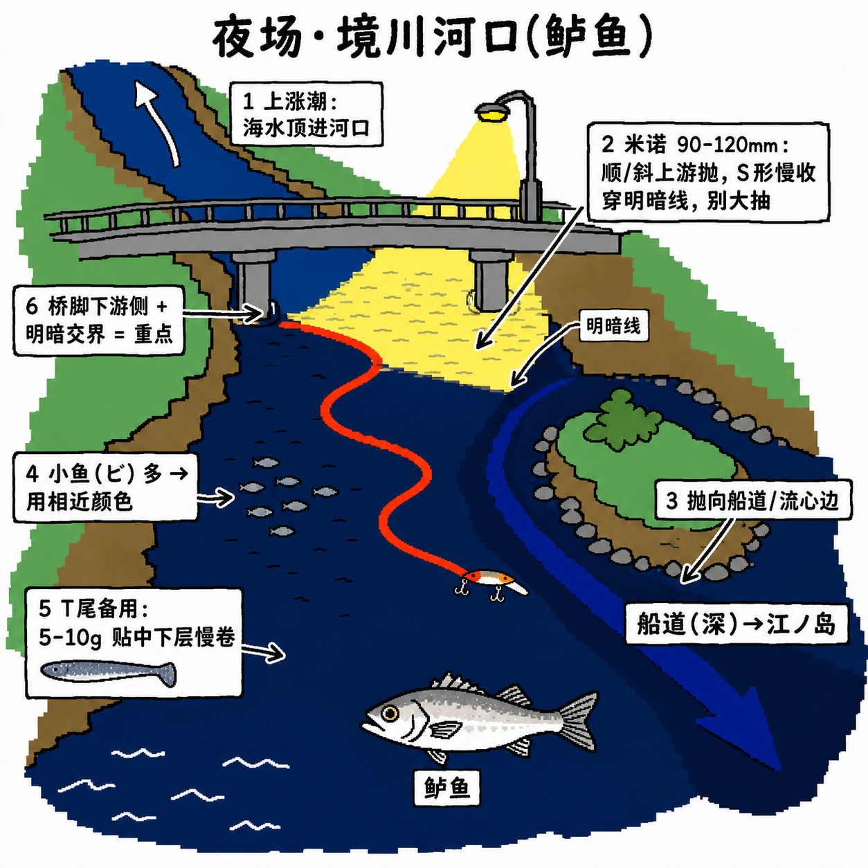 夜场境川河口打法：上涨潮、明暗线、船道方向、米诺S形慢收、T尾备用