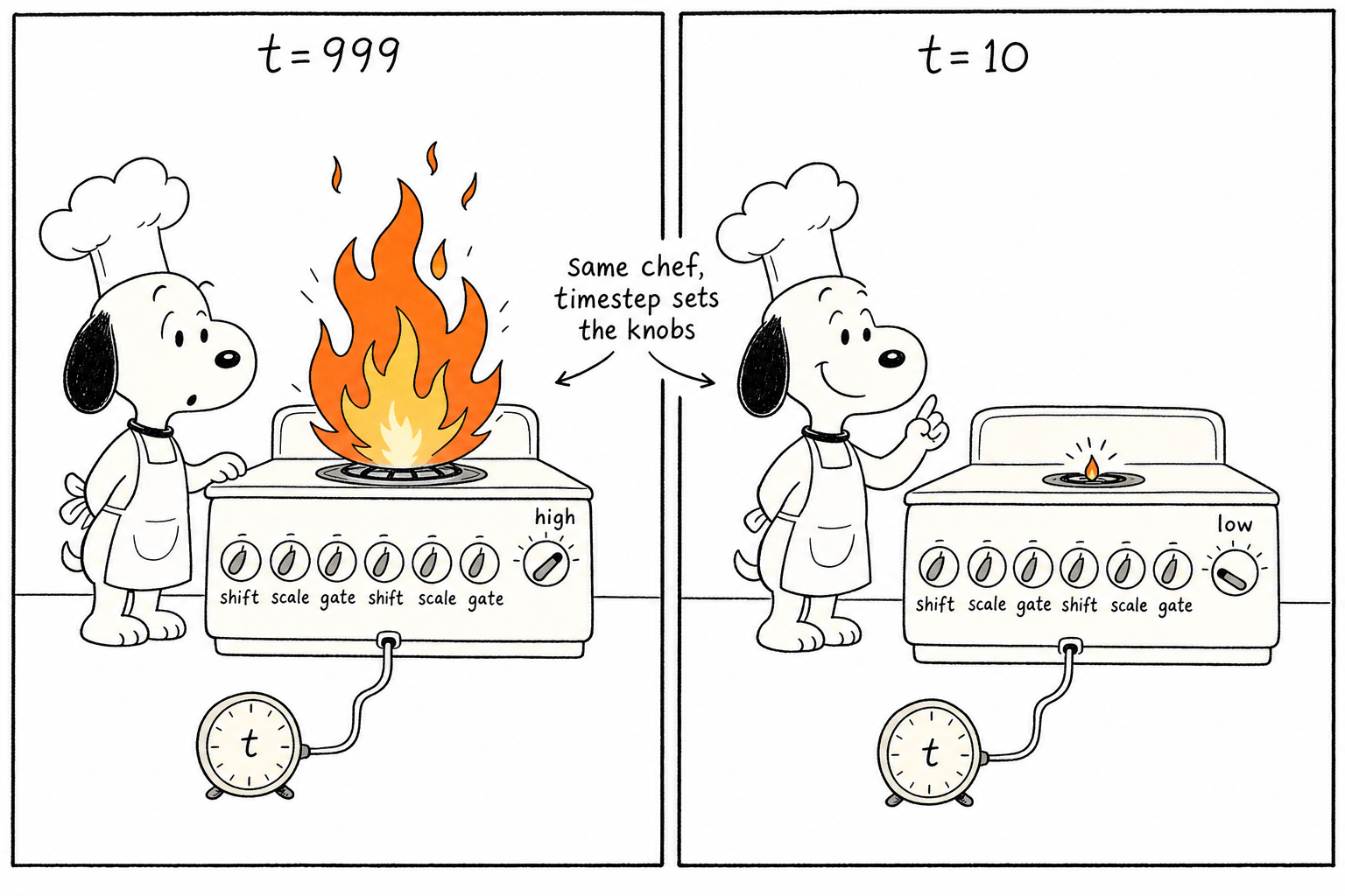 同一位厨师:t=999 猛火,t=10 文火,灶台 6 个旋钮由时钟自动设定