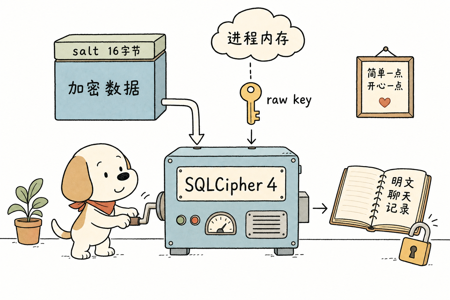 SQLCipher 解密模型:文件头 salt + 内存 raw key → SQLCipher 4 → 明文