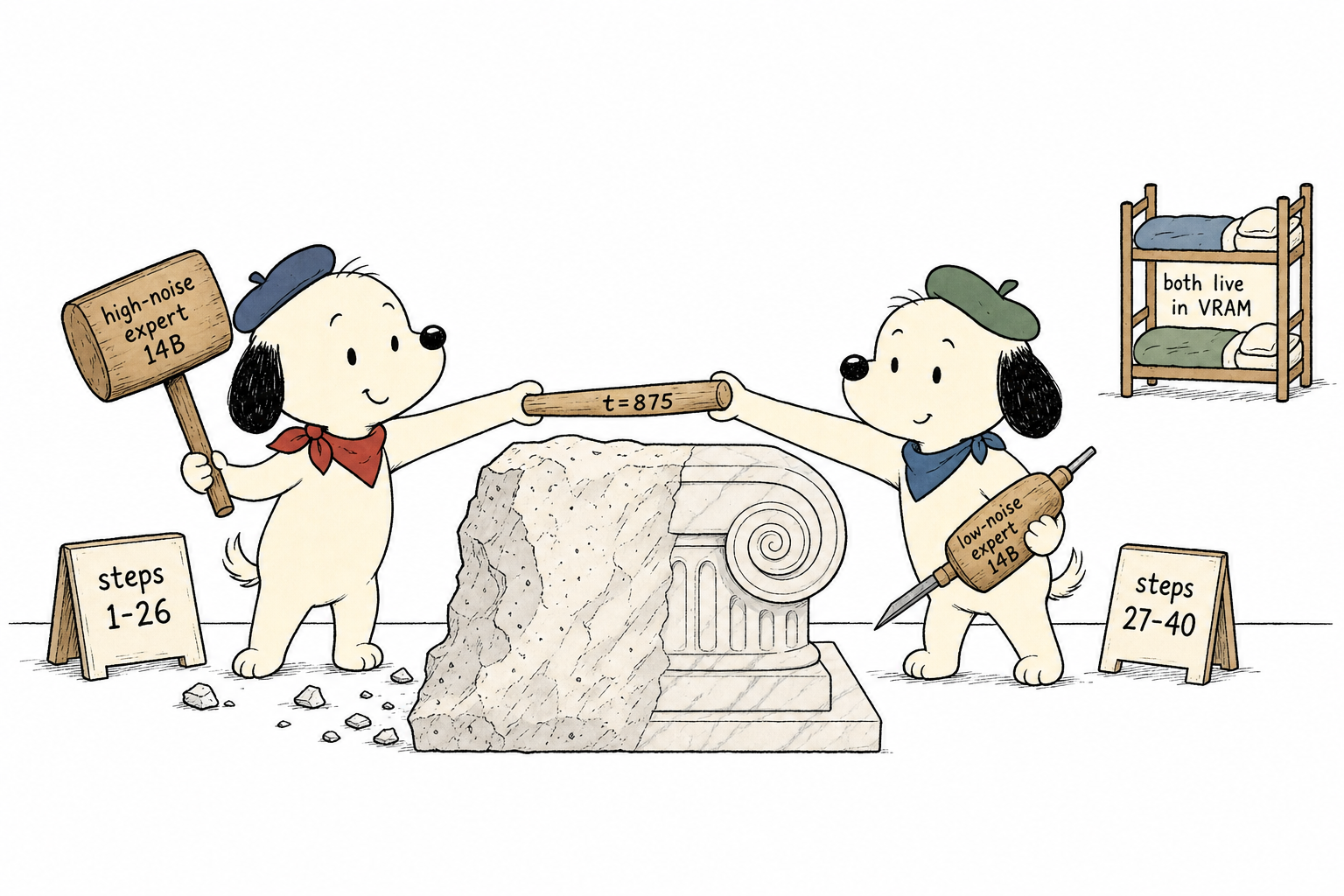 两位雕塑师傅接力:大锤开料的 high-noise 专家干 1-26 步,t=875 交棒给细凿精修的 low-noise 专家,角落双层床写着 both live in VRAM