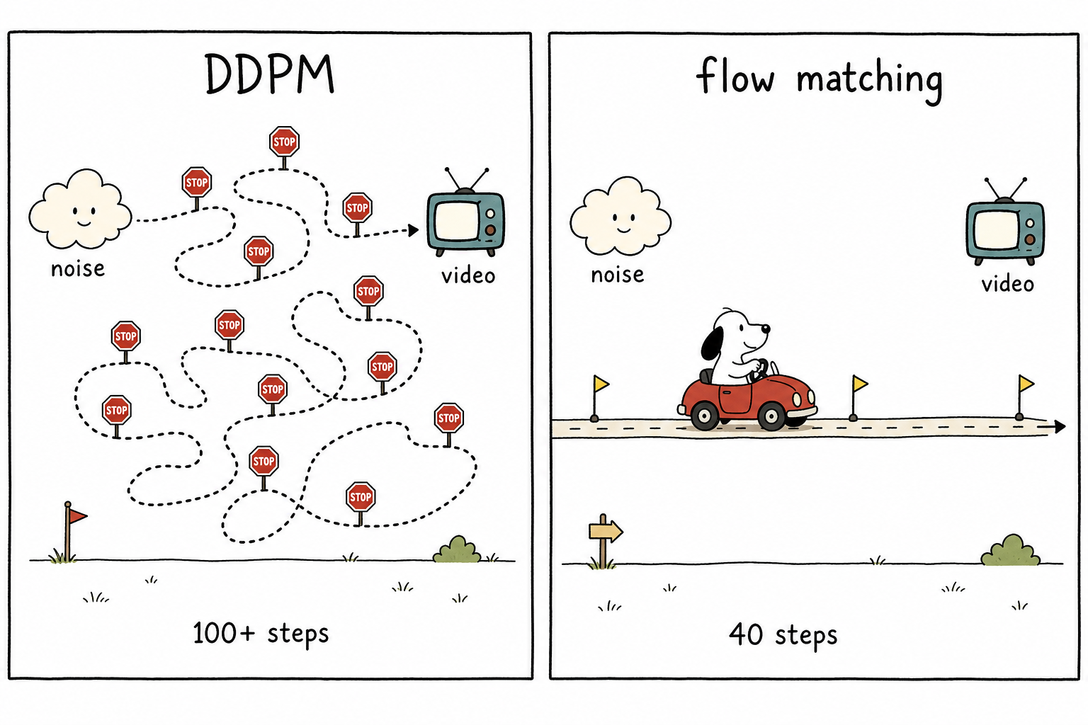 两张地图:DDPM 的百步弯路 vs flow matching 的 40 步直路,起点噪声终点视频