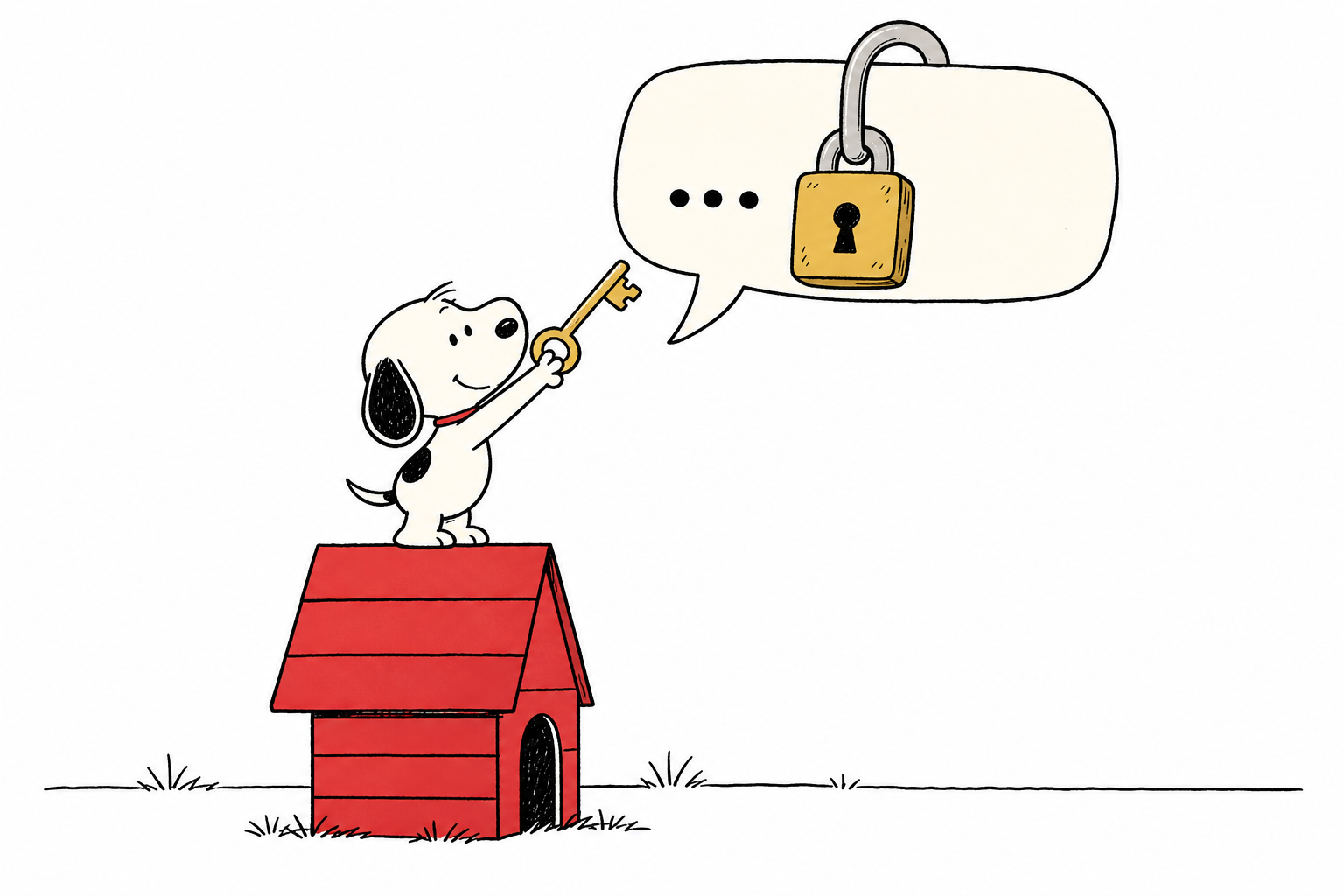 Snoopy 举着钥匙够那个上锁的聊天气泡