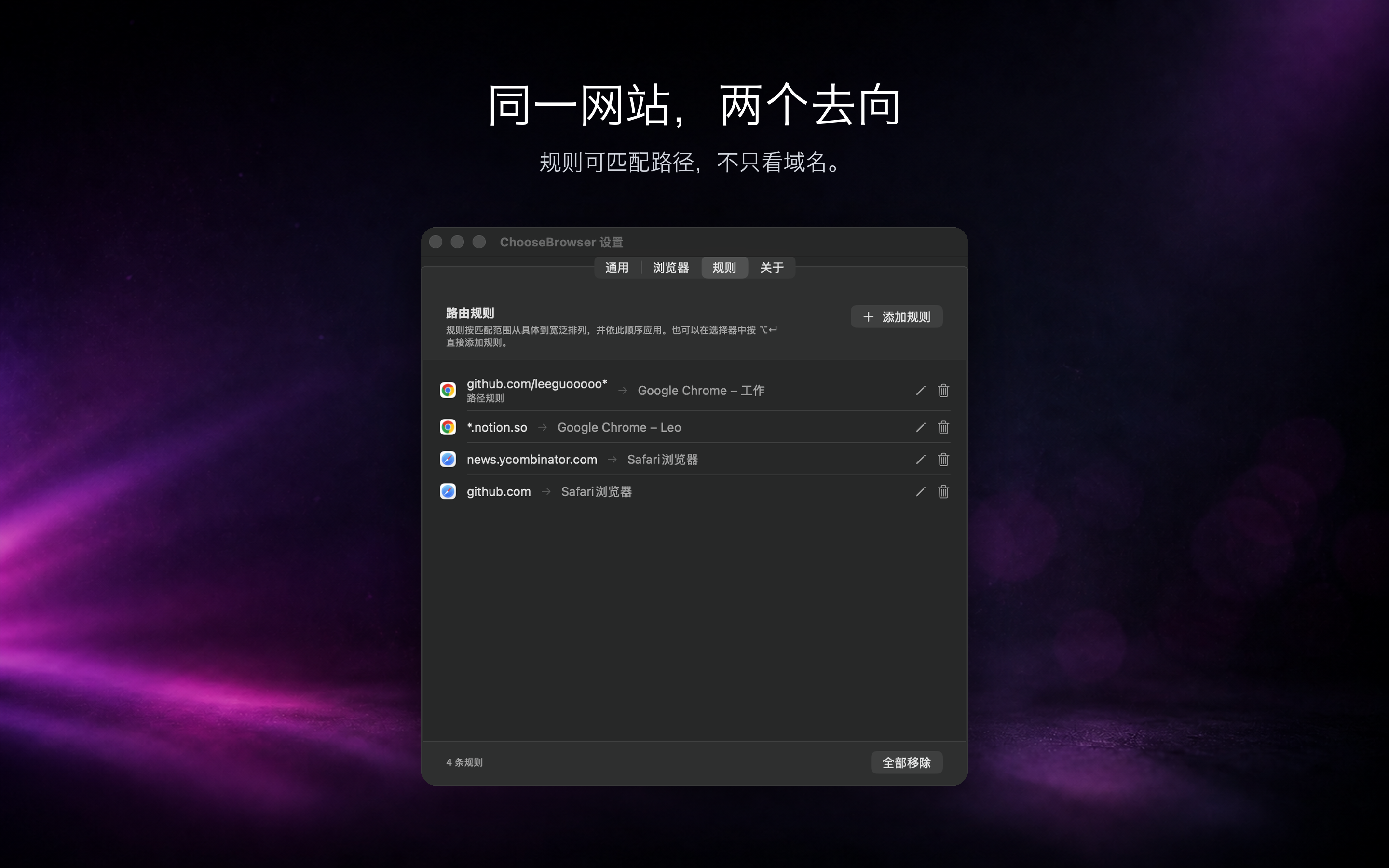 规则可以匹配路径，同一网站两个去向