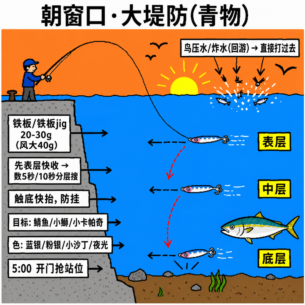 朝マズメ大堤防打法：铁板分层快收、远投找回游、鸟压水直接打
