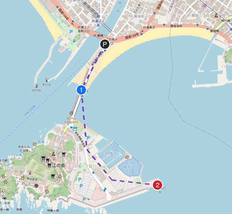 江ノ岛钓点地图：境川河口夜场、大堤防、24h停车、步行转场路线