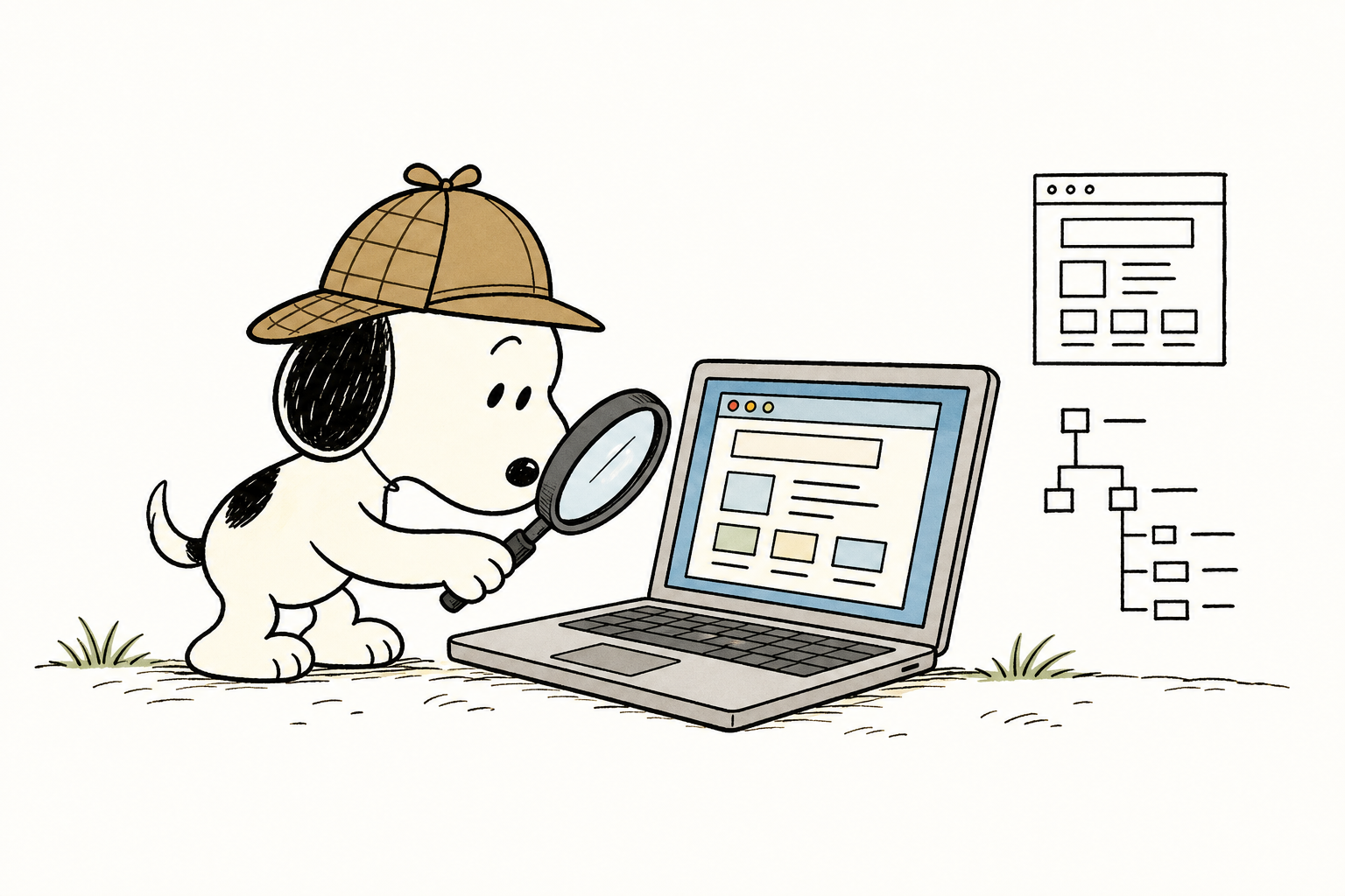 侦探小猎犬拿放大镜拆一台 Mac，旁边是 UI 线框和无障碍树示意图