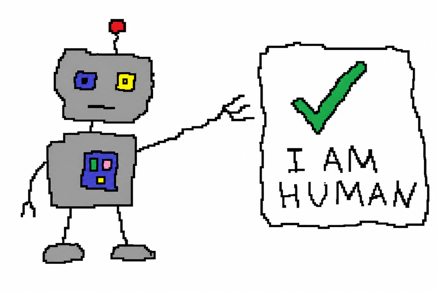 一个粗糙的机器人去点 I AM HUMAN 勾选框的涂鸦