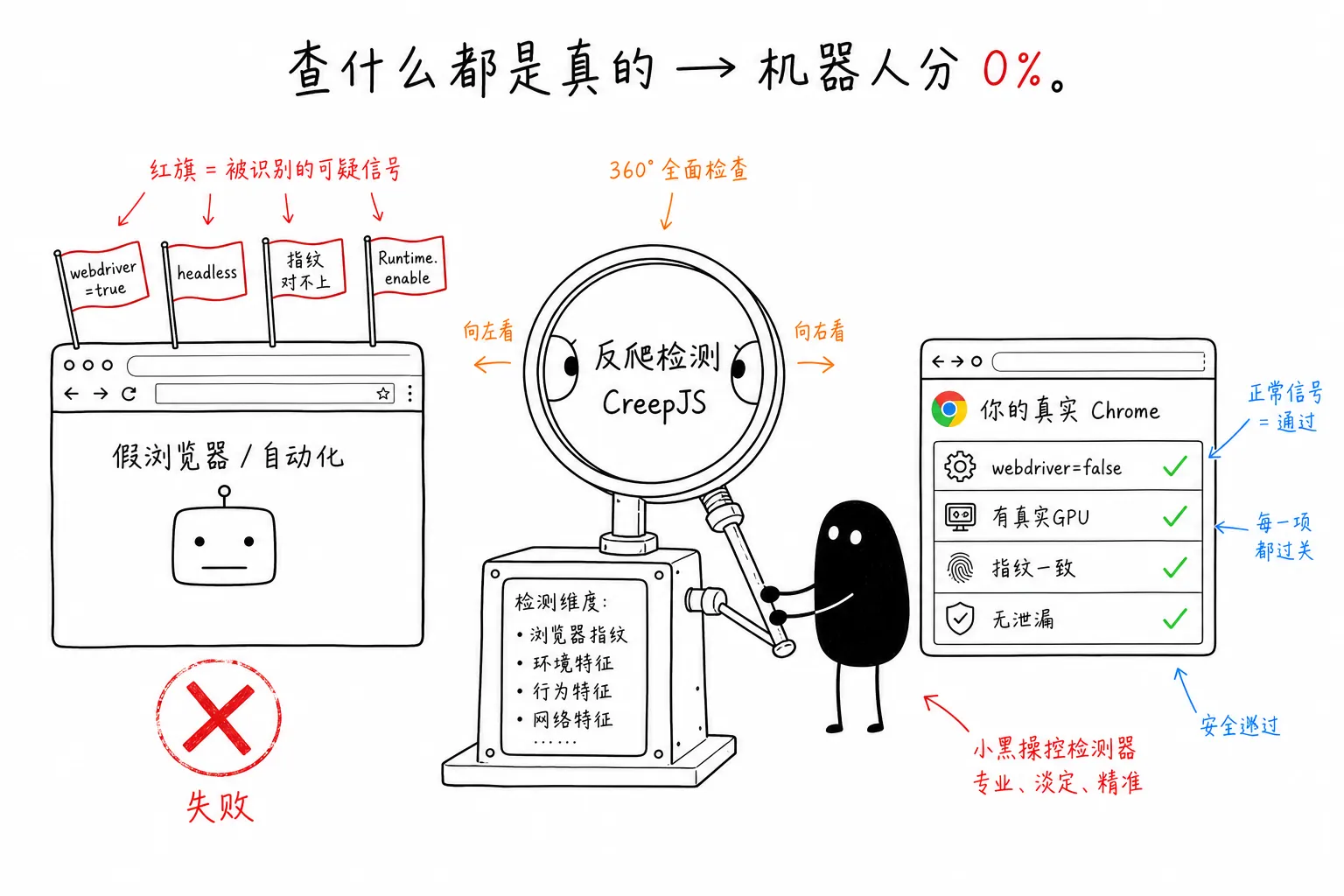 左:假浏览器/自动化被 CreepJS 检测查出 webdriver=true、headless、指纹对不上、Runtime.enable 四面红旗而失败;右:真实 Chrome 四项全绿通过